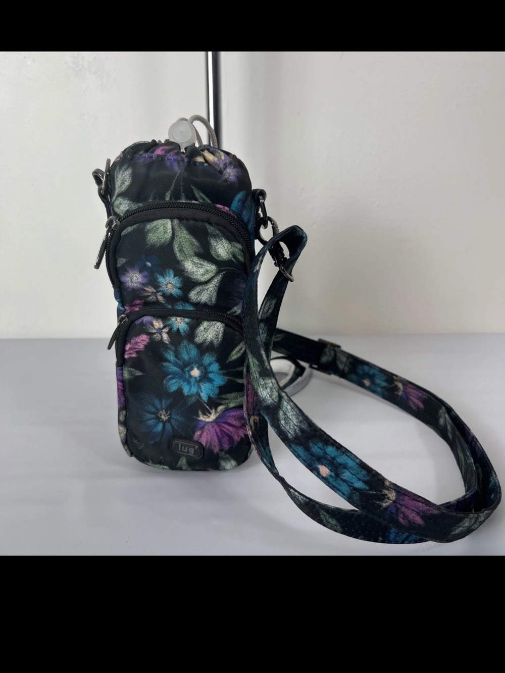 lug Floral Crossbody Bottle Bag - Black with Blue & Purple Flowers